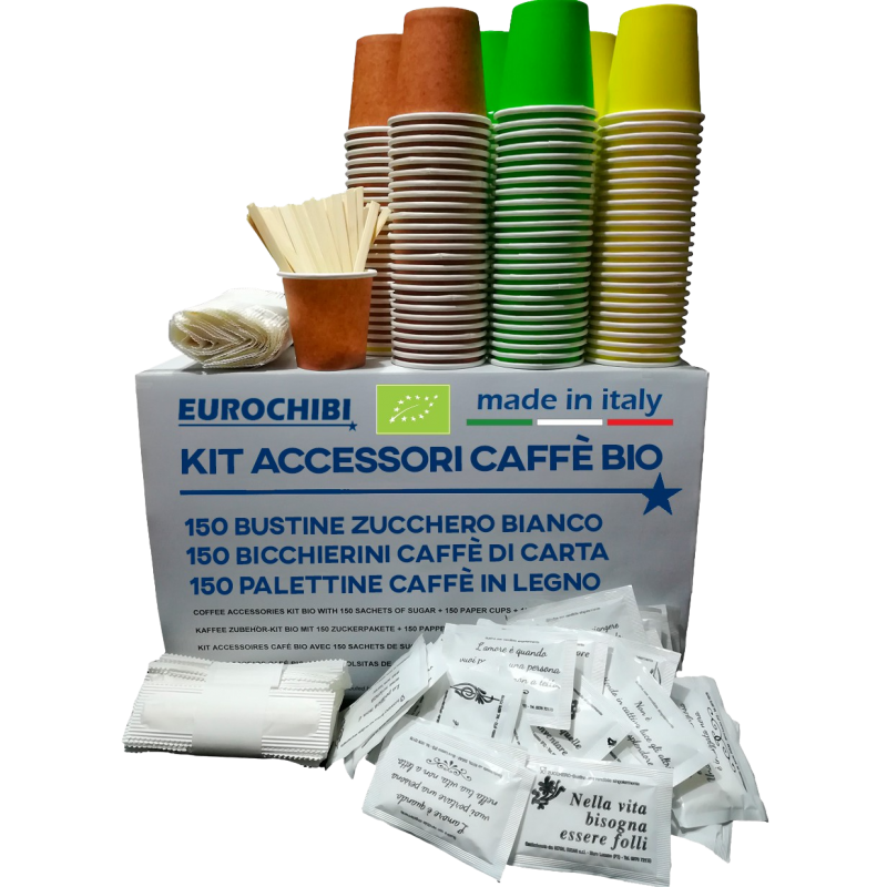 Kit accessoires café avec 150 sachets de sucre + 150 gobelets en papier + 150 agitateurs en bois