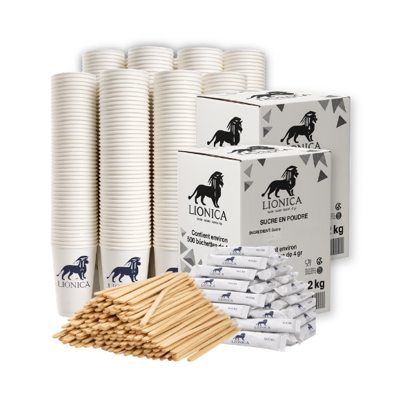 Kit accessoires café avec 1000 sachets de sucre + 1000 gobelets + 1000 agitateurs en bois