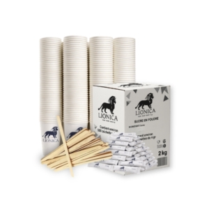 Kit accessoires café avec 500 sachets de sucre + 500 gobelets + 500 agitateurs en bois